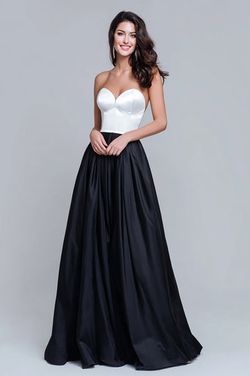 Noir et blanc Robe longue formelle en satin une ligne